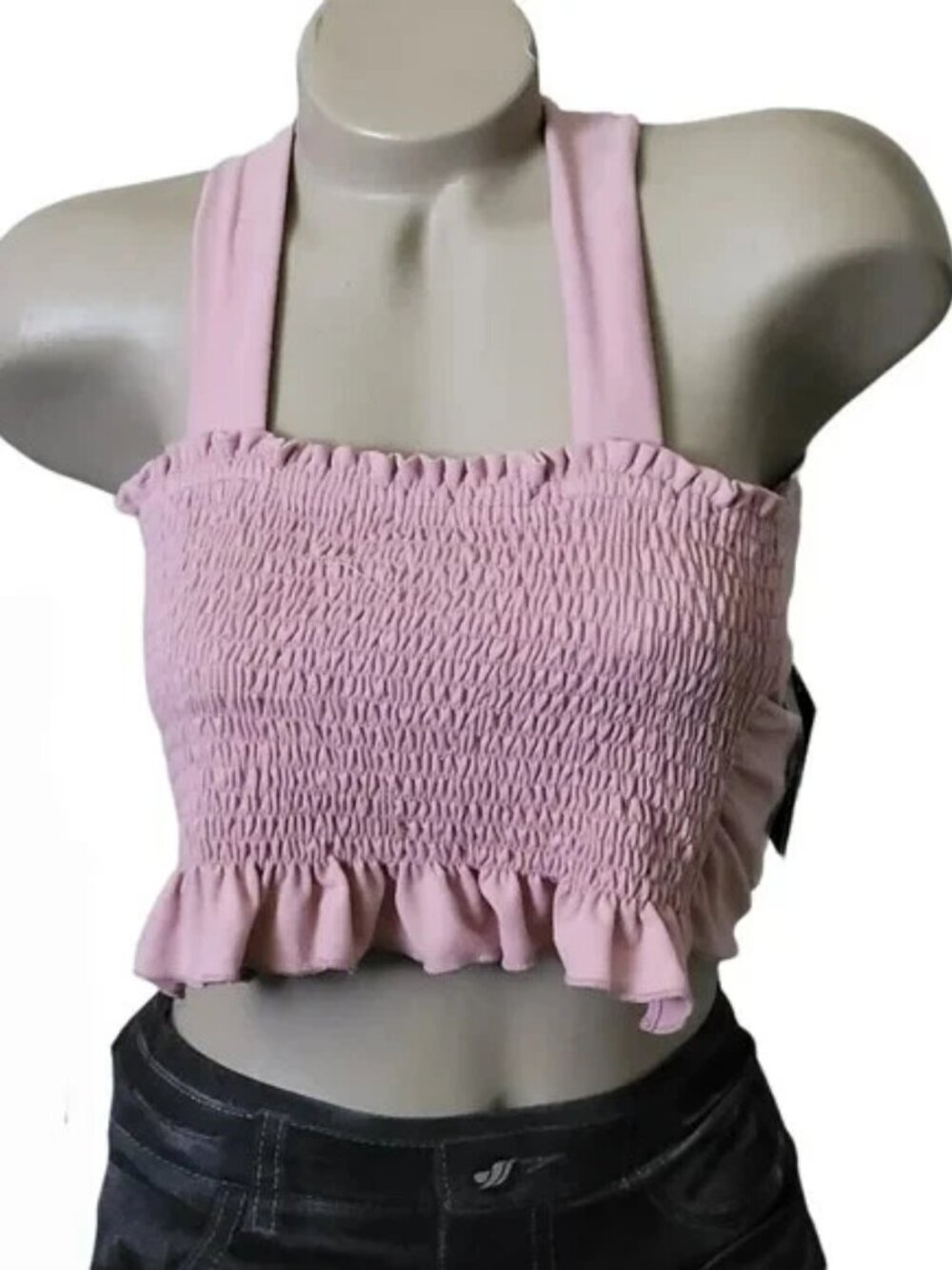 Le Lis Smocked Criss-Cross Back Self-Tie Strap Sleeveless Crop Top Mauve Pink - Picture 4 of 7